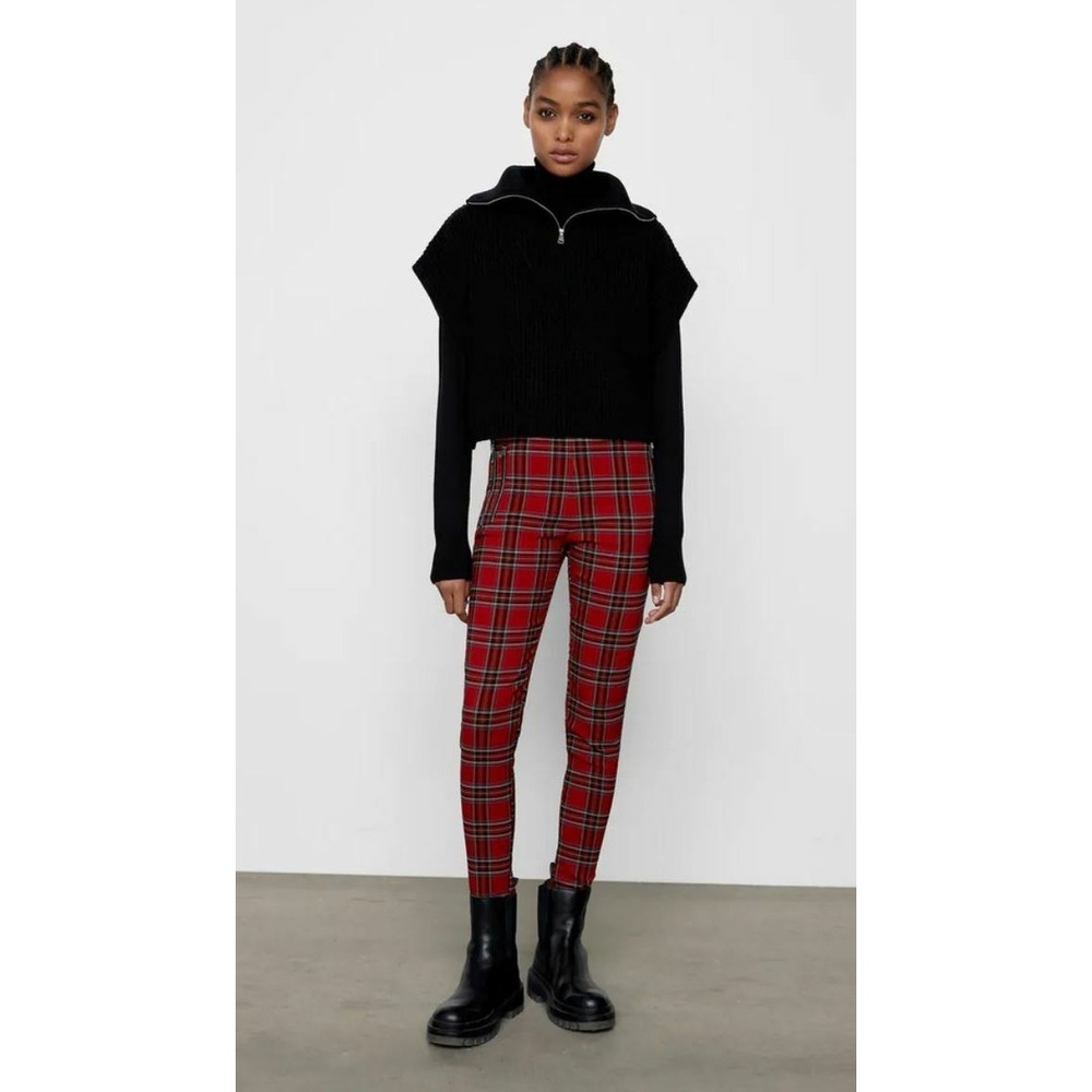 Zara women legging pants 4387/231/600 hi-rise red check sz XS $68